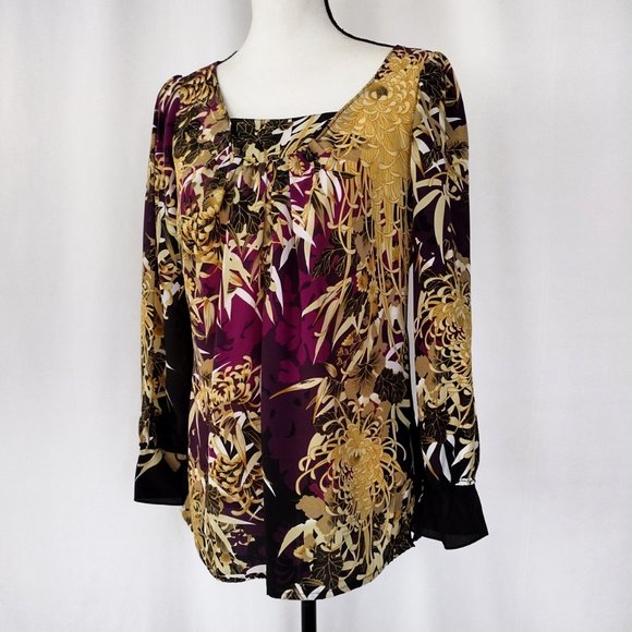 Tahari Purple and Gold Floral Print Oversized Fit Blouse Size M / L - Picture 4 of 11